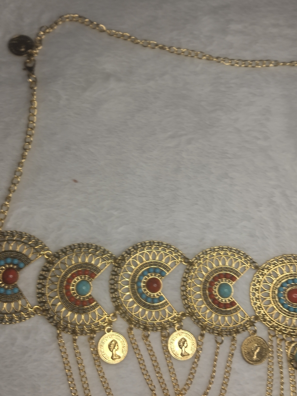 Gold Medallion Waist Chain Belt with Turquoise and Coral Accents - - Picture 3 of 5